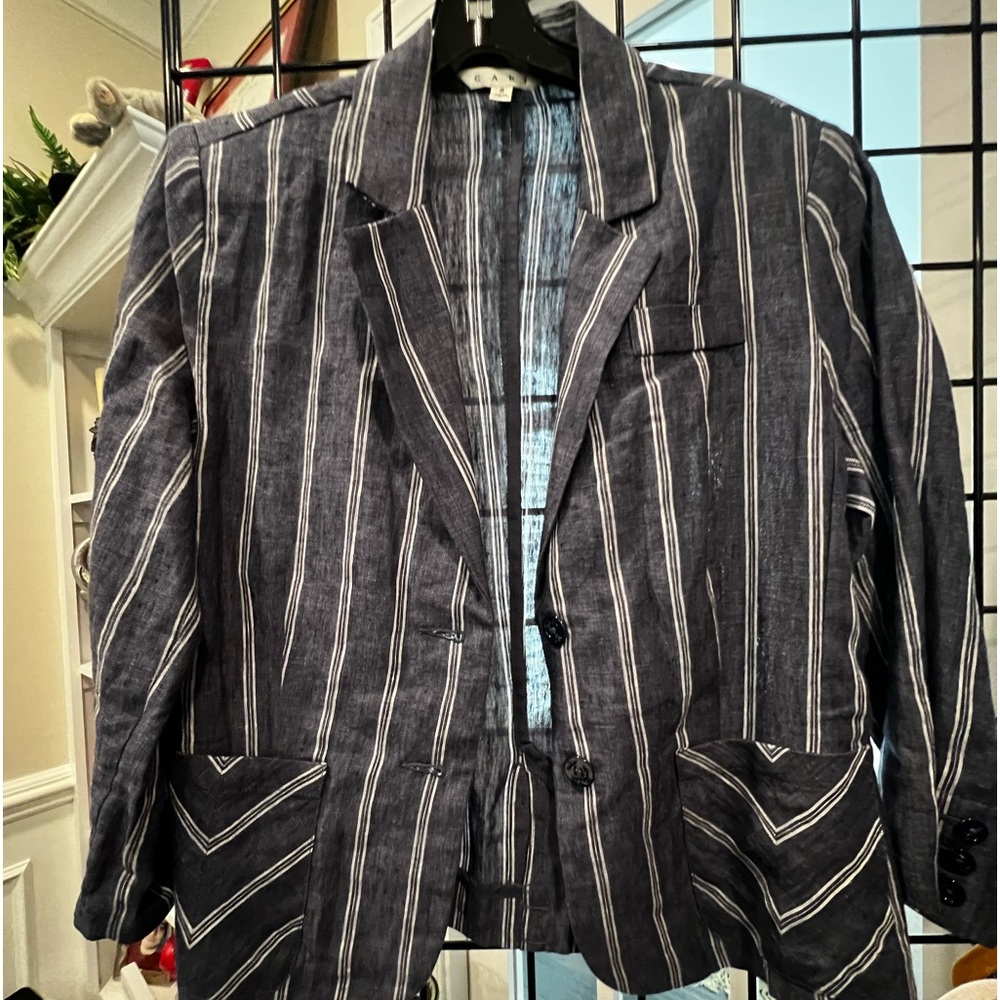 EUC Cabi 871 Nautical Striped Linen Blue White Two Button Blazer Size 8